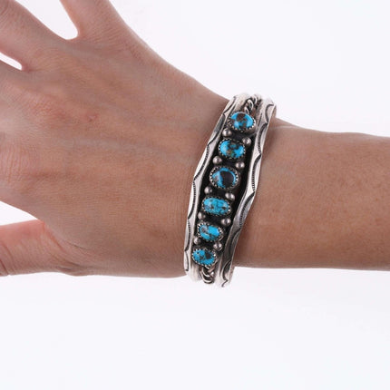 c1950's 6.75" Navajo silver and turquoise twisted wire stamped edge bracelet