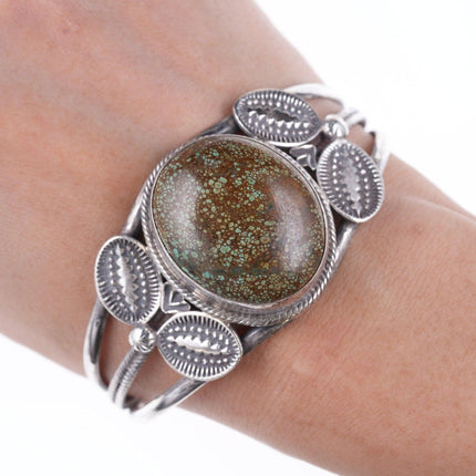 7" Vintage Heavy stamped silver green spiderweb turquoise bracelet