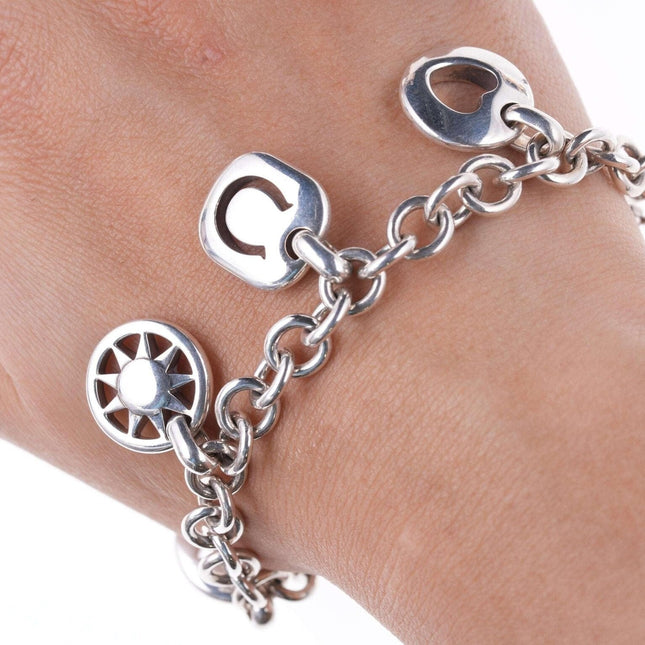 Tiffany Sterling-Schablonen-Charm-Armband mit Herz, Hufeisen, Sonne, Stern und Mond