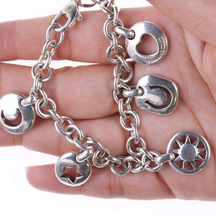 Tiffany Sterling-Schablonen-Charm-Armband mit Herz, Hufeisen, Sonne, Stern und Mond