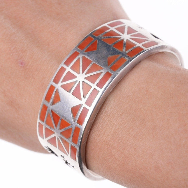 6.25" Vintage Zuni Coral flush inlay silver bracelet