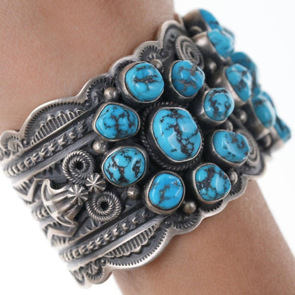 6.75" Darrell Cadman-Navajo Kingman Turquoise heavy stamped sterling cuff bracel