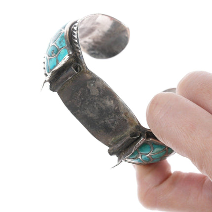 6 5/8" 40's-50's Zuni Fish scale turquoise silver watch bracelet