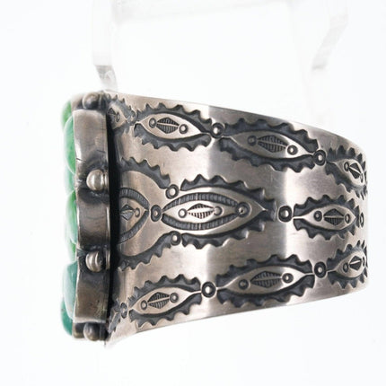 6.75" Navajo Danny Clark Carrico lake turquoise heavy stamped sterling cuff brac