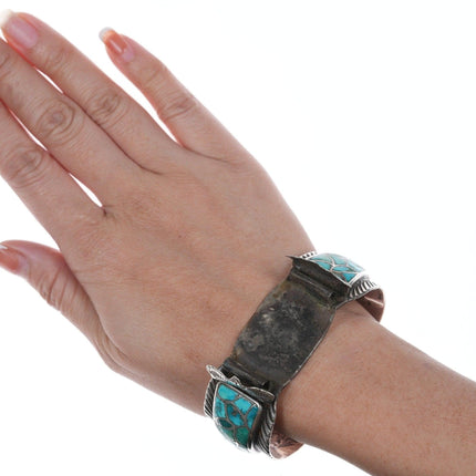 6 5/8" 40's-50's Zuni Fish scale turquoise silver watch bracelet