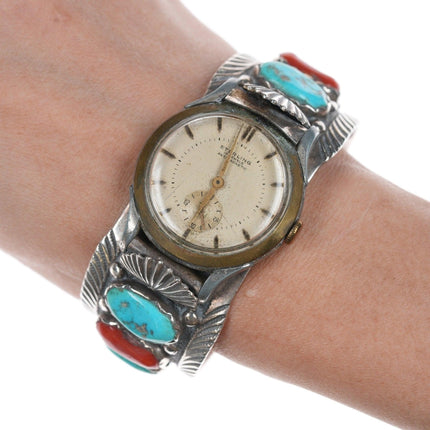 6.75 吋 Mike Simplicio (1937-1976) Zuni Sterling 綠松石和珊瑚手錶手鍊
