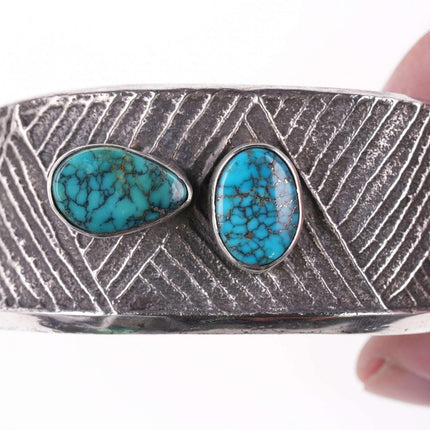 Preston Monongye (Hopi) (1927-1987) Tufa Cast Silver Spiderweb turquoise bracele