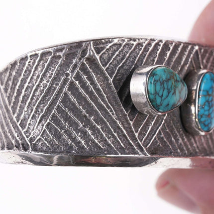 Preston Monongye (Hopi) (1927-1987) Tufa Cast Silver Spiderweb turquoise bracele