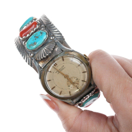 6.75" Mike Simplicio (1937-1976) Zuni Sterling turquoise and coral watch bracele