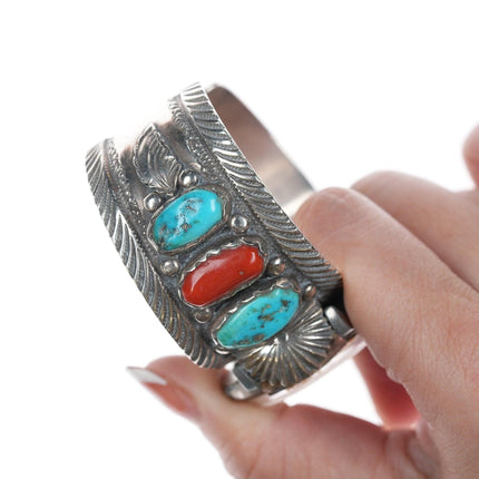 6.75" Mike Simplicio (1937-1976) Zuni Sterling turquoise and coral watch bracele