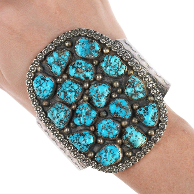 7" Vintage Navajo Sterling and turquoise nugget cluster bracelet
