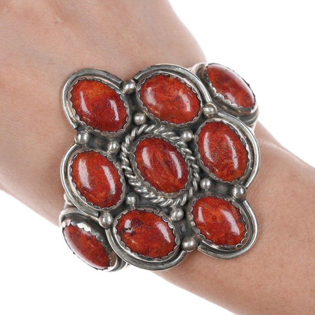 Bracciale in argento sterling con grappolo di corallo spugna Navajo da 6,75 pollici