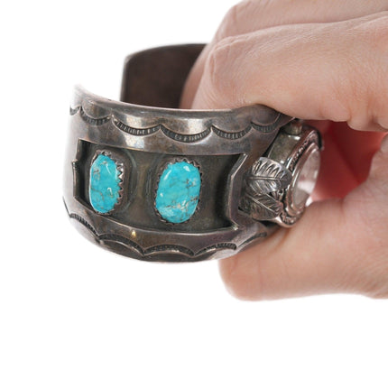 6" Navajo Stamped silver and turquoise Watch cuff bracelet