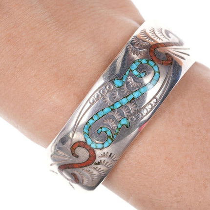 Vintage Navajo Sterling chip inlay cuff bracelet s
