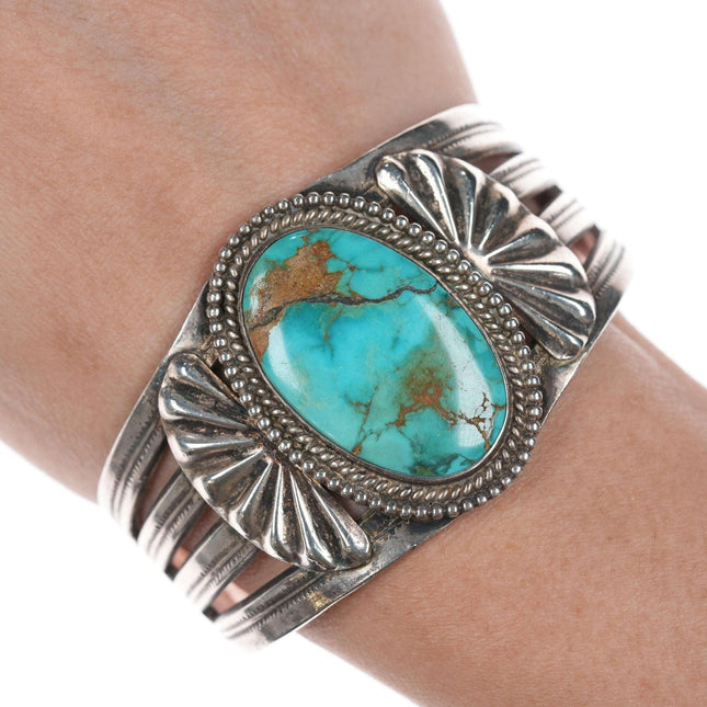 c1940 6 3/8" Navao Stamped silver and turquoise bracelet