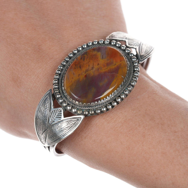 c1940 6 3/8" Navao Stamped silver and agate bracelet