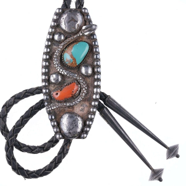 Vintage Navajo Sterling turquoise and coral snake bolo tie