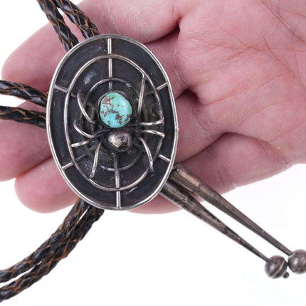 c1950's Native American Spider/Web Silver and turquoise c-31 bolo tie