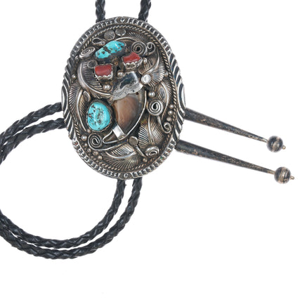 Wilbert Secatero Navajo Sterling turquoise and coral bolo tie