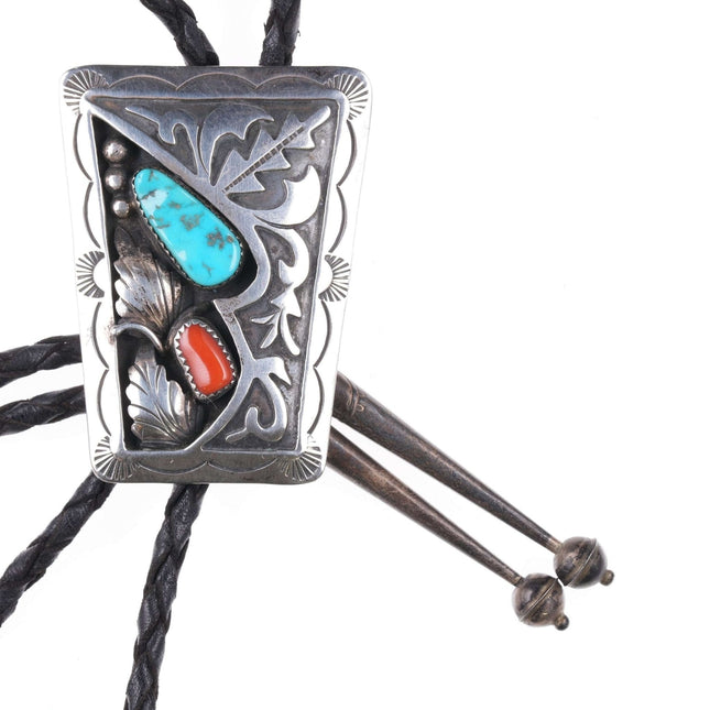 Vintage Tom David Navajo sterling, turquoise, and coral bolo tie