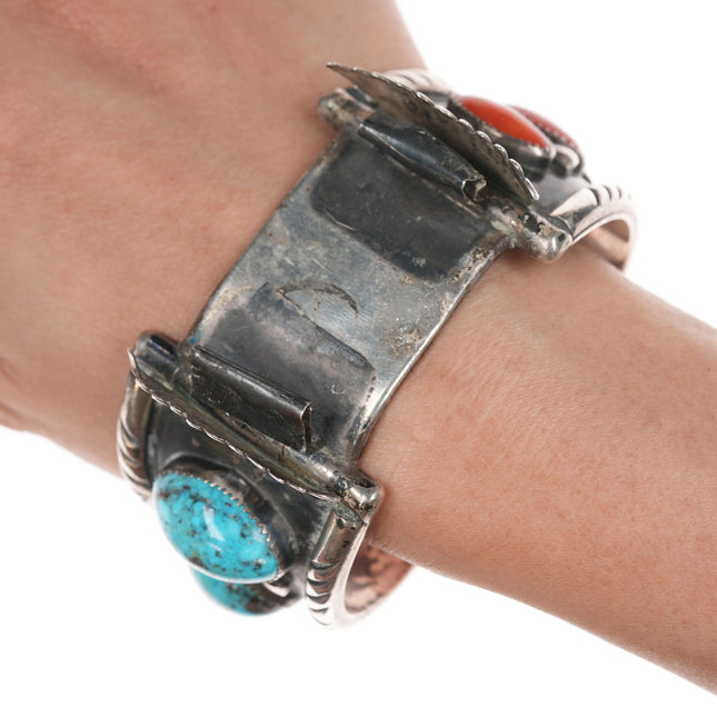 7 1/8" Large Vintage Navajo silver, turquoise and coral watch cuff bracelet