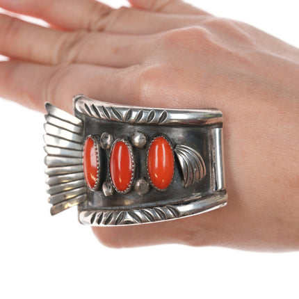 7 1/8" Large Vintage Navajo silver, turquoise and coral watch cuff bracelet