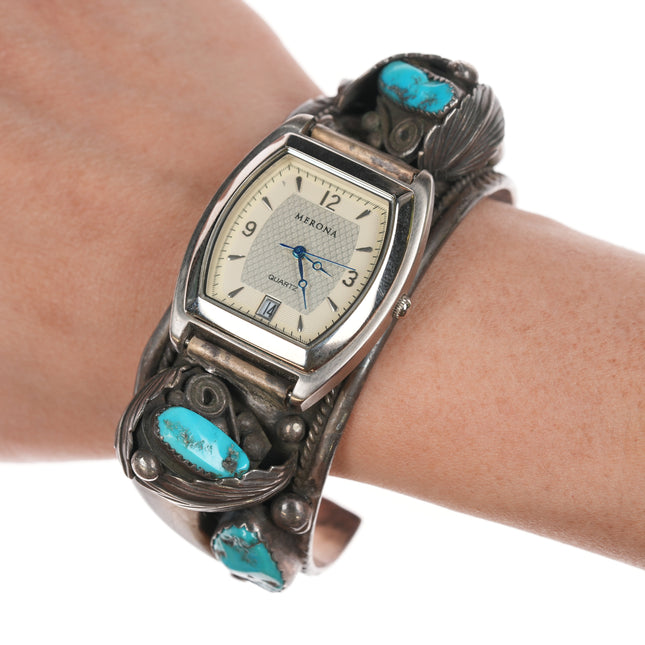 7 3/8" Vintage Navajo silver and turquoise cuff watch bracelet