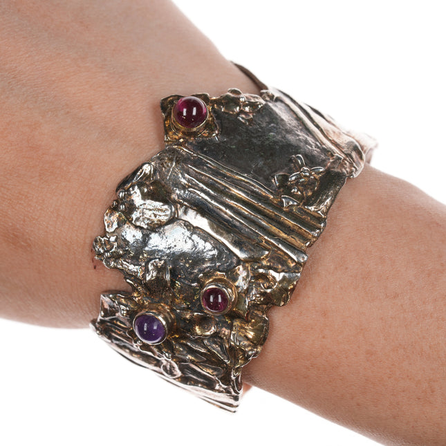 6.25" William & Shellie New York Modernist sterling/22k Amethyst and Garnet cuff bracelet