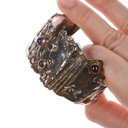 6.25" William & Shellie New York Modernist sterling/22k Amethyst and Garnet cuff bracelet