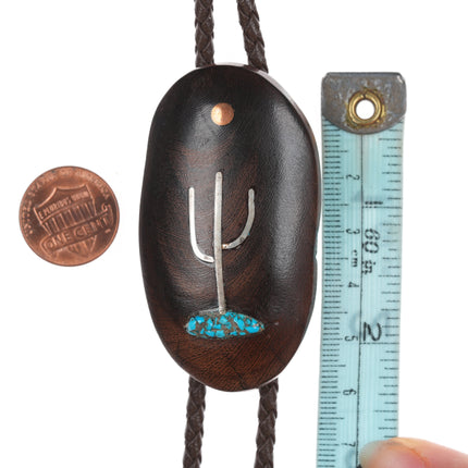 37" Sterling/Copper/turquoise inlaid Ironwood bolo tie