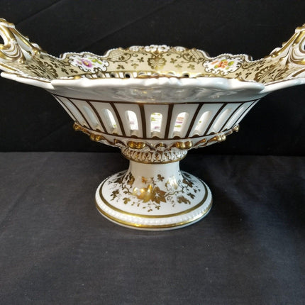 c1830 John Ridgway Porcelain Reticulated Basket Centerpiece Compote Hand Painted