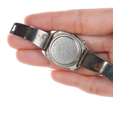 6"+ Dishta Zuni silver Flush inlay turquoise watch band with old school digital