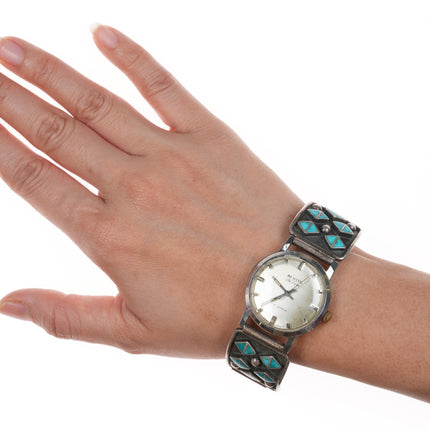 7"+ Vintage Zuni silver flush inlay turquoise watch bracelet