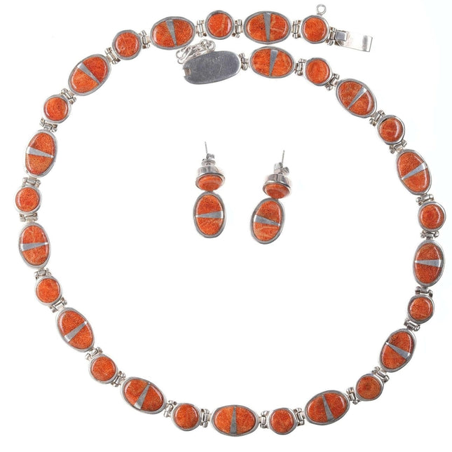 Calvin Begay Navajo Sponge Coral Sterling Channel inlay necklace and earrings