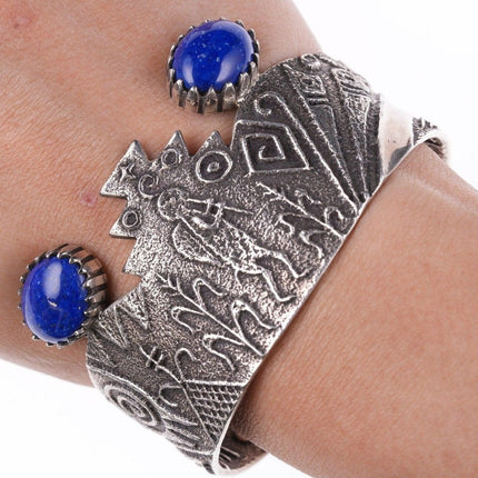 6.5" Harold Lovato (1954-1997) Kewa Tufa cast silver lapis cuff bracelet