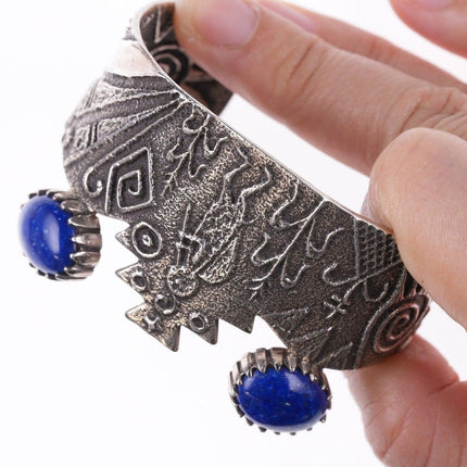 6.5" Harold Lovato (1954-1997) Kewa Tufa cast silver lapis cuff bracelet