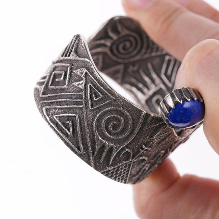 6.5" Harold Lovato (1954-1997) Kewa Tufa cast silver lapis cuff bracelet