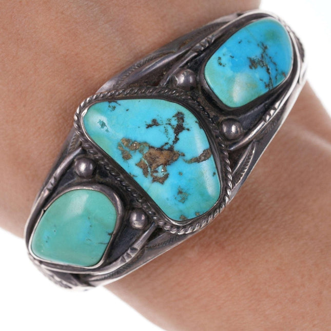 c1940's Navajo Stamped silver turquoise cuff