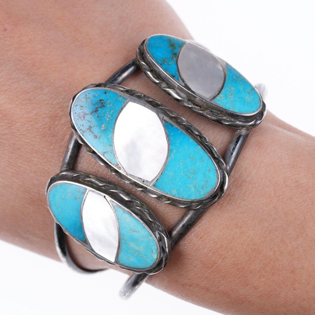 7" Vintage Zuni sterling Turquoise and shell bracelet