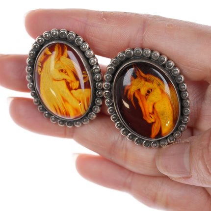 sz8 Art Tafoya Yaqui Reverse Carved Amber Ring, Earrings, and scarf slide/pendant Sterling