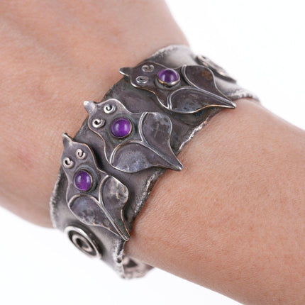 Bracciale artigianale in argento sterling e ametista retrò da 6 3/8".