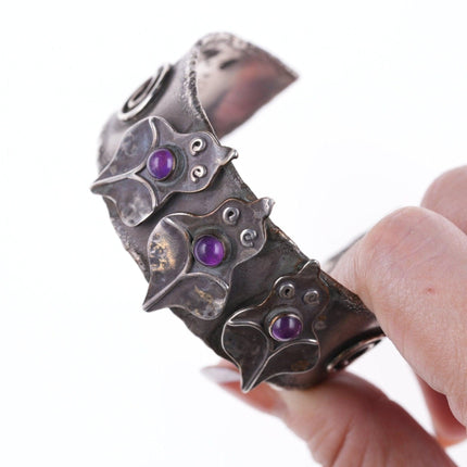 6 3/8" Retro Handmade Artisan sterling and amethyst bracelet