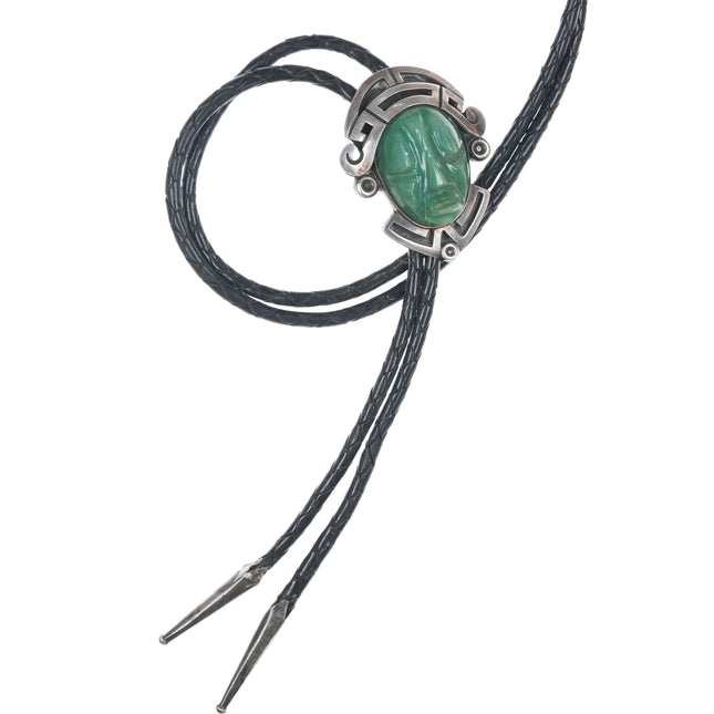 Mid Century Taxco Sterling silver carved green hardstone bolo tie