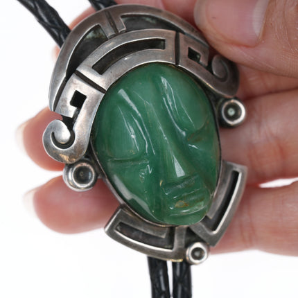 Mid Century Taxco Sterling silver carved green hardstone bolo tie