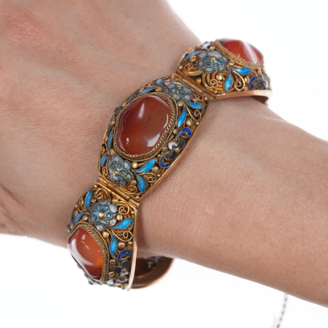 Vintage Chinese gilt silver enamel carnelian bracelet