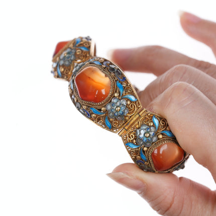 Vintage Chinese gilt silver enamel carnelian bracelet