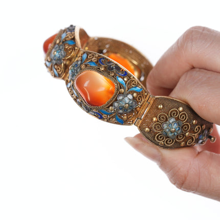 Vintage Chinese gilt silver enamel carnelian bracelet