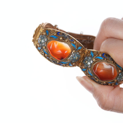 Vintage Chinese gilt silver enamel carnelian bracelet