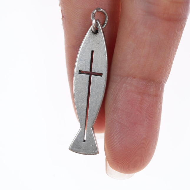 Retired James Avery Cut Out Cross Center Ichthus Fish Long Pendant in sterling