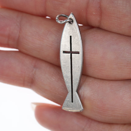 Retired James Avery Cut Out Cross Center Ichthus Fish Long Pendant in sterling